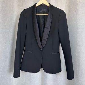 Zara Black Satin Lapels Tuxedo Blazer Button V-neck Longsleeve XS